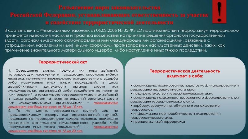 Разъяснение норм законодательства Российской Федерации, устанавливающих ответственность за участие и содействие террористической деятельности